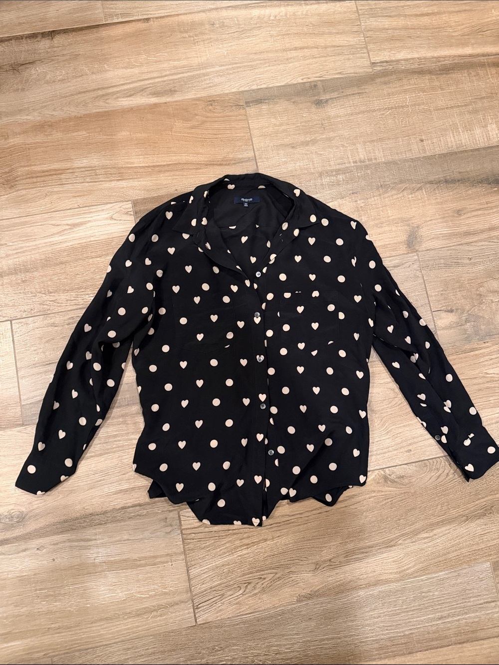 100% Silk Madewell Black Button-Down Shirt with Cream Heart Print